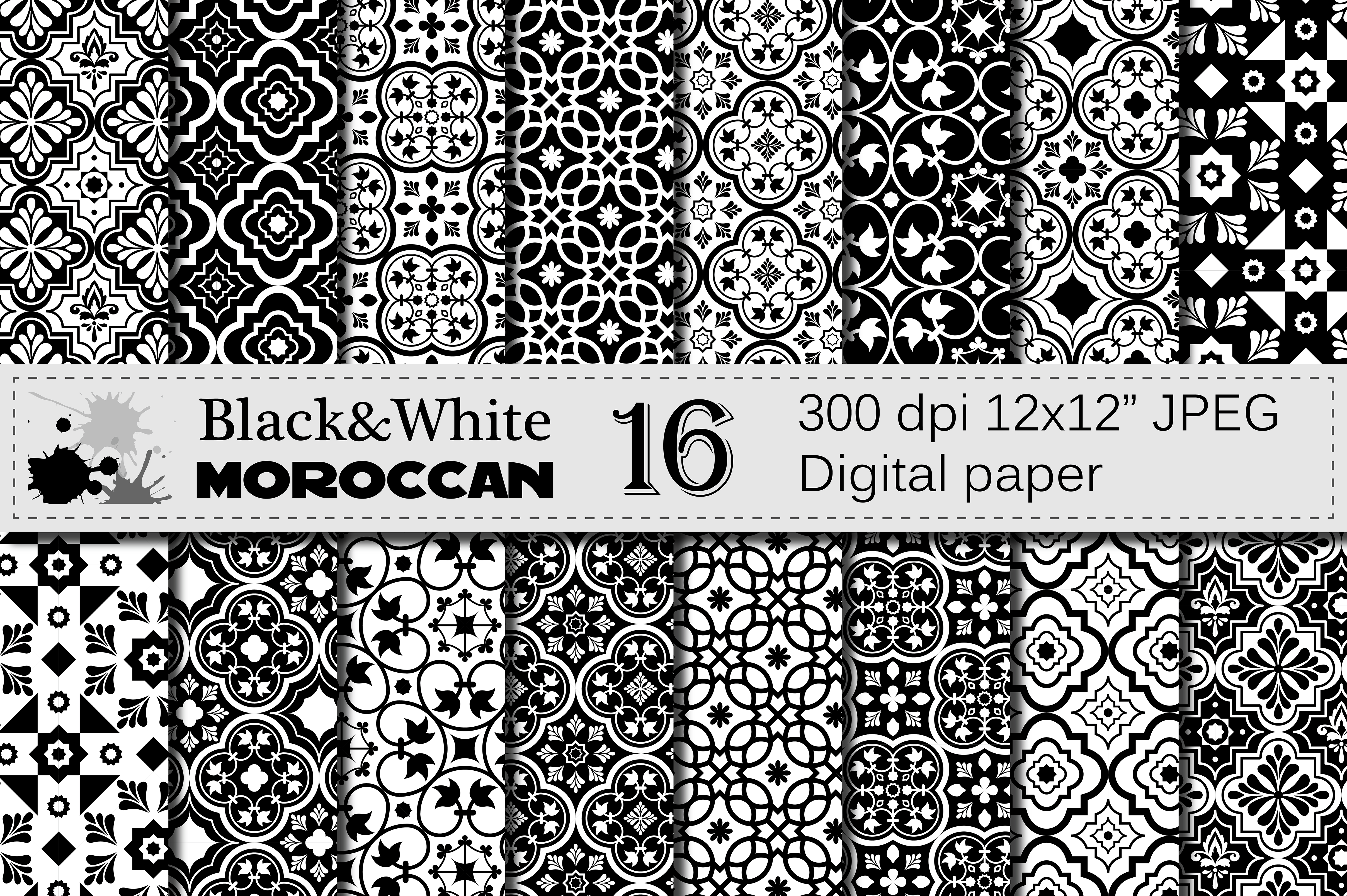 Black and White Moroccan Digital Paper Pack